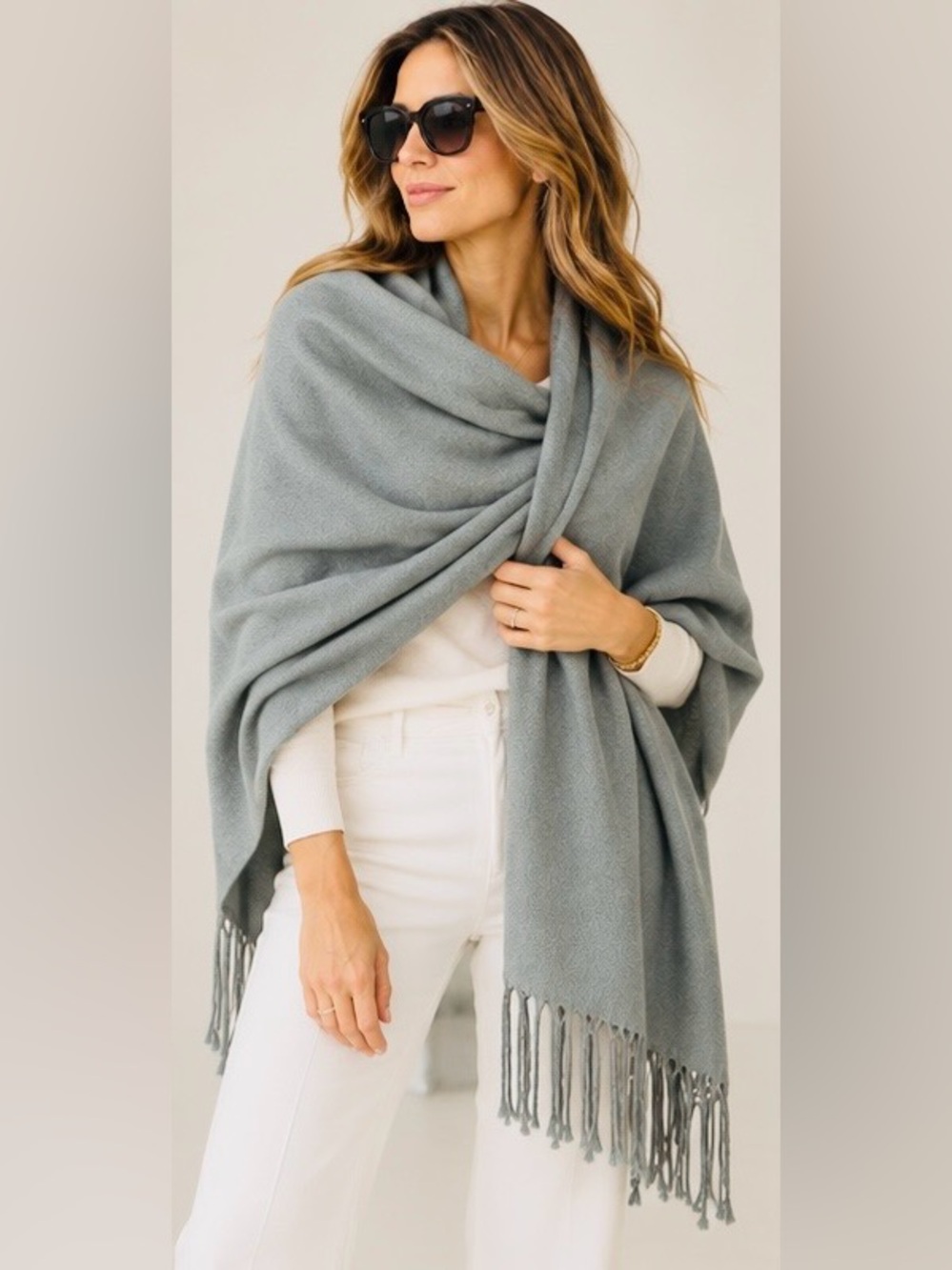 Nordstrom 100% Cashmere Wrap Shawl Sage Gray Sage Fringe Oversized Scarf Vintage